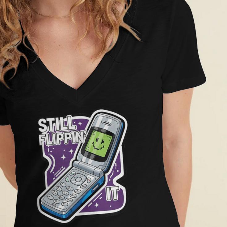 Still Flippin' It Retro Flip Phone 90s Y2K Nostalgia Women's Jersey Short Sleeve Deep V-Neck Tshirt Still Flippin' It Retro Flip Phone 90s Y2K Nostalgia Women's Jersey Short Sleeve Deep V-Neck Tshirt