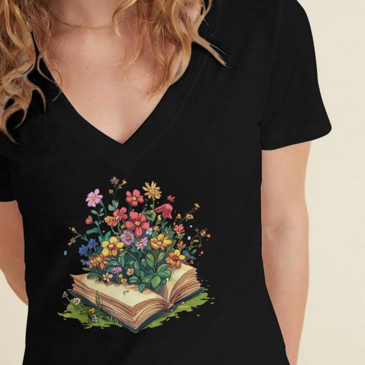 Floral Book Bloom Wildflowers Literature Nature Fantasy Women's Jersey Short Sleeve Deep V-Neck Tshirt Floral Book Bloom Wildflowers Literature Nature Fantasy Women's Jersey Short Sleeve Deep V-Neck Tshirt