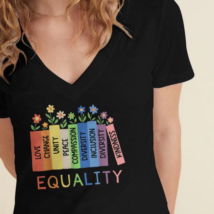 Floral Book Equality Human Rights Social Justice Peace Love Women's Jersey Short Sleeve Deep V-Neck Tshirt
