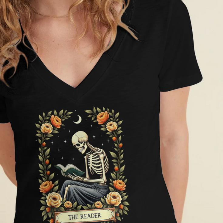 Floral Tarot Card The Reader Skeleton Reading Book Women's Jersey Short Sleeve Deep V-Neck Tshirt