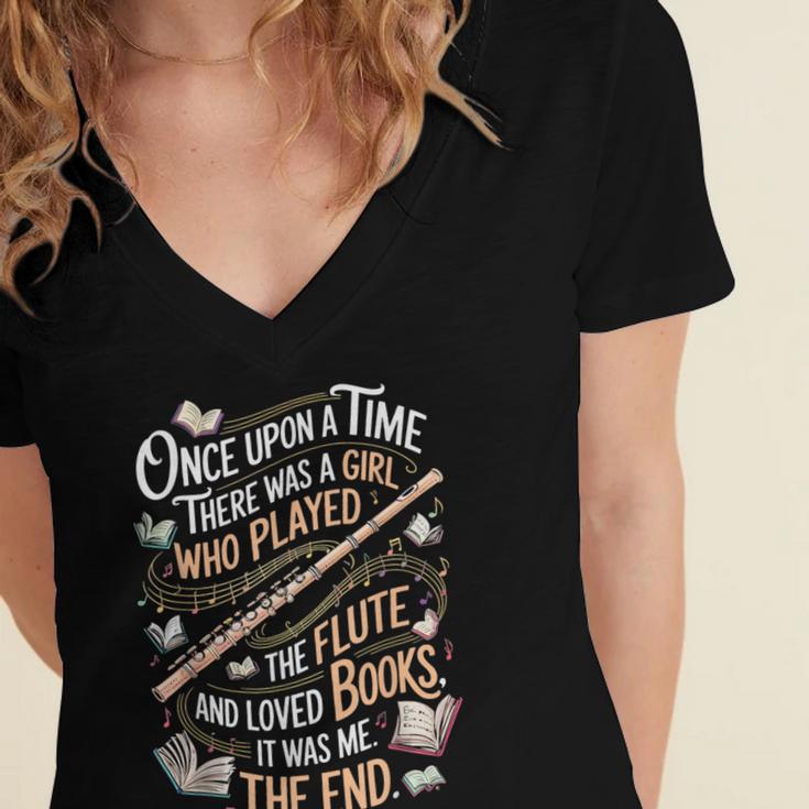 Flute And Books Marching Band Musician Flutist Flute Player Women's Jersey Short Sleeve Deep V-Neck Tshirt