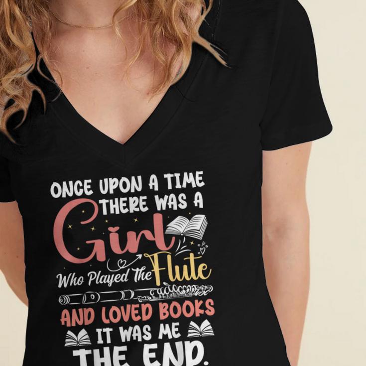 Flute Player Book Lover Flutist Marching Band Musician Flute Women's Jersey Short Sleeve Deep V-Neck Tshirt