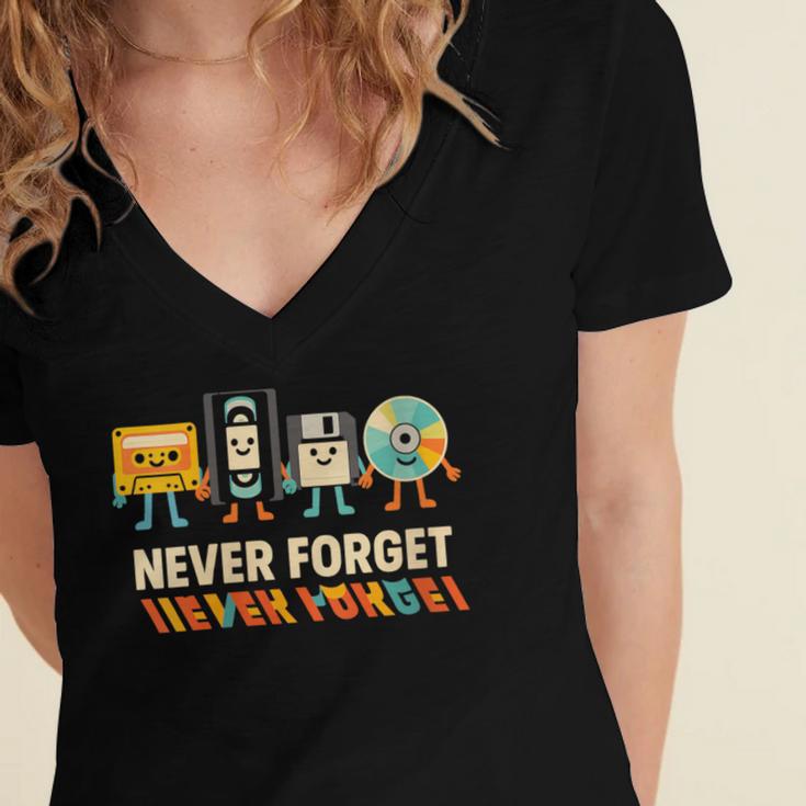 Never Forget Retro Cassette VHS Floppy CD Nostalgia Humor Women's Jersey Short Sleeve Deep V-Neck Tshirt Never Forget Retro Cassette VHS Floppy CD Nostalgia Humor Women's Jersey Short Sleeve Deep V-Neck Tshirt