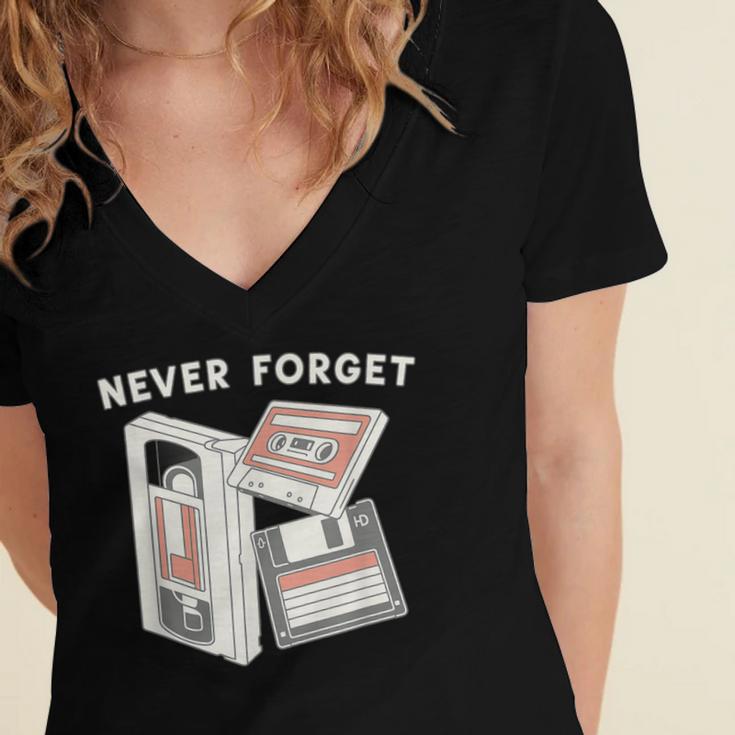 Never Forget VHS Tape Cassette Floppy Disk Nostalgia 80s 90s Women's Jersey Short Sleeve Deep V-Neck Tshirt