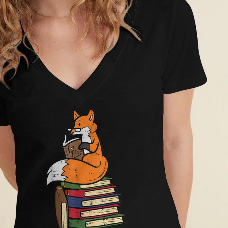 Fox Books Read Reading Librarian America Men Women Kids Women's Jersey Short Sleeve Deep V-Neck Tshirt