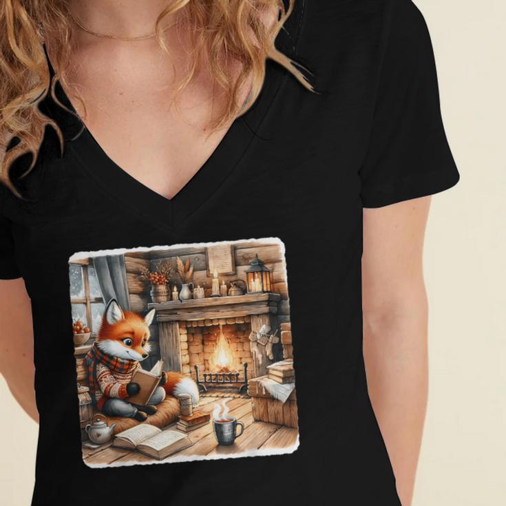 Fox Reads By Fireplace In Cabin Rustic Book Cozy Cup Tea Women's Jersey Short Sleeve Deep V-Neck Tshirt Fox Reads By Fireplace In Cabin Rustic Book Cozy Cup Tea Women's Jersey Short Sleeve Deep V-Neck Tshirt