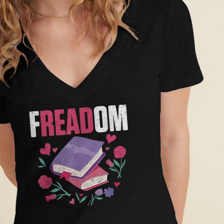 Freadom Anti Ban Books Freedom To Read Book Reading Women's Jersey Short Sleeve Deep V-Neck Tshirt