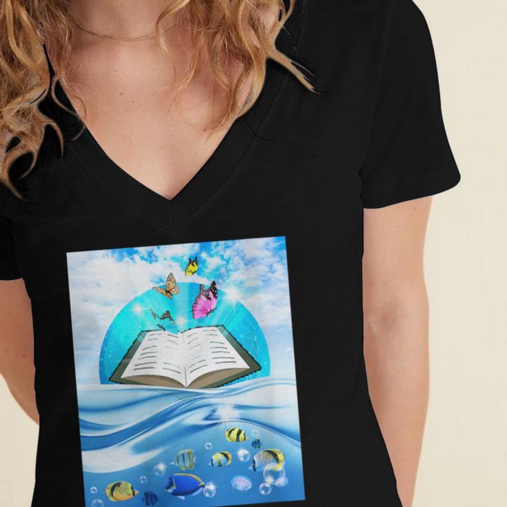 Frutiger Aero Aesthetic Tech Book Butterfly Women's Jersey Short Sleeve Deep V-Neck Tshirt