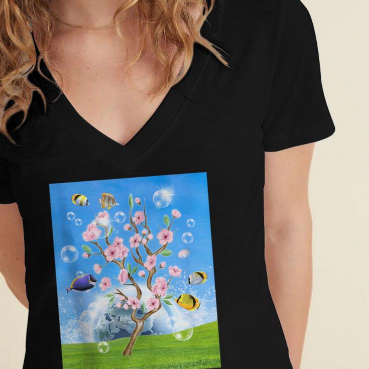 Frutiger Aero Aesthetic Tech Cherry Blossom Fishes Bubbles Women's Jersey Short Sleeve Deep V-Neck Tshirt Frutiger Aero Aesthetic Tech Cherry Blossom Fishes Bubbles Women's Jersey Short Sleeve Deep V-Neck Tshirt