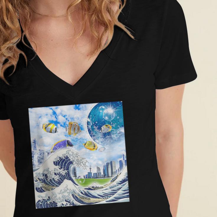Frutiger Aero Aesthetic Tech Great Wave Of Kanagawa Fishes Women's Jersey Short Sleeve Deep V-Neck Tshirt Frutiger Aero Aesthetic Tech Great Wave Of Kanagawa Fishes Women's Jersey Short Sleeve Deep V-Neck Tshirt