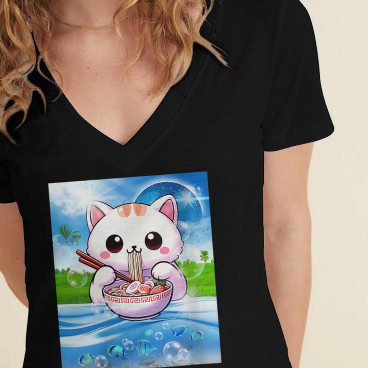 Frutiger Aero Aesthetic Tech Kawaii Ramen Cat Fishes Women's Jersey Short Sleeve Deep V-Neck Tshirt Frutiger Aero Aesthetic Tech Kawaii Ramen Cat Fishes Women's Jersey Short Sleeve Deep V-Neck Tshirt