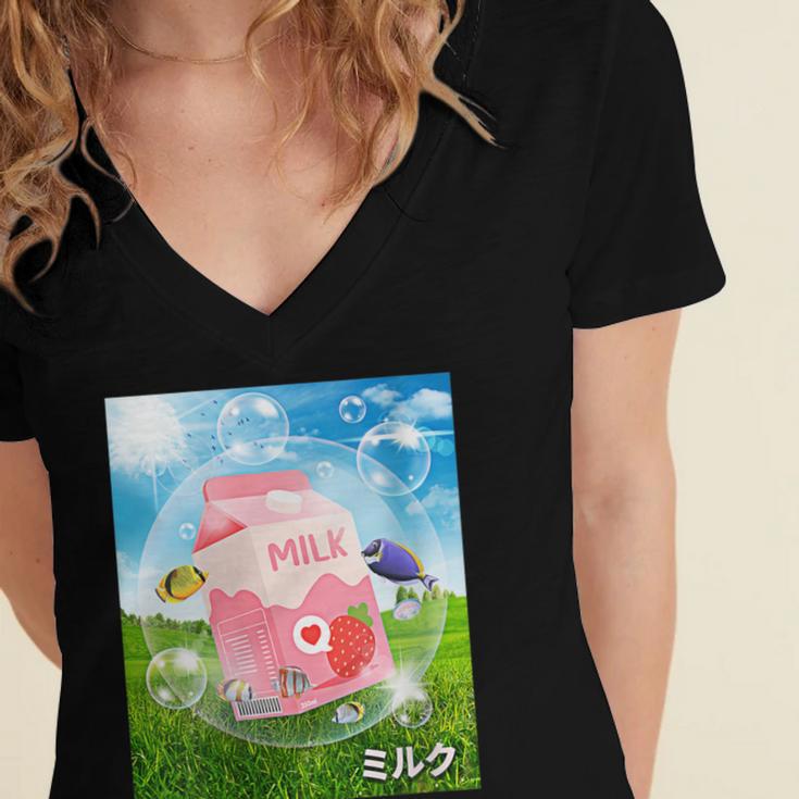 Frutiger Aero Aesthetic Tech Kawaii Strawberry Milk Fishes Women's Jersey Short Sleeve Deep V-Neck Tshirt Frutiger Aero Aesthetic Tech Kawaii Strawberry Milk Fishes Women's Jersey Short Sleeve Deep V-Neck Tshirt