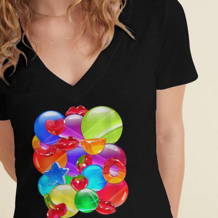 Frutiger Aero Aesthetic Tech Orb Pattern Heart Cherry Lips Women's Jersey Short Sleeve Deep V-Neck Tshirt
