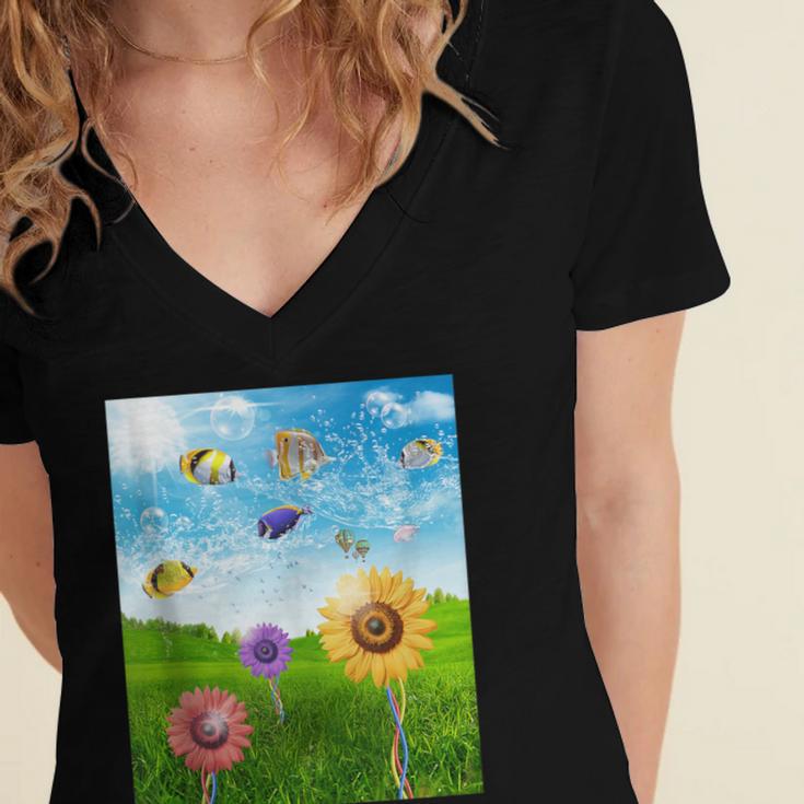 Frutiger Aero Aesthetic Tech Scenery Fishes Sunflower Women's Jersey Short Sleeve Deep V-Neck Tshirt Frutiger Aero Aesthetic Tech Scenery Fishes Sunflower Women's Jersey Short Sleeve Deep V-Neck Tshirt