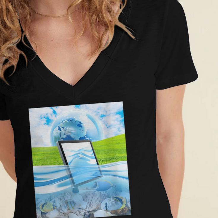 Frutiger Aero Aesthetic Tech Water Fishes Monitor Screen Women's Jersey Short Sleeve Deep V-Neck Tshirt Frutiger Aero Aesthetic Tech Water Fishes Monitor Screen Women's Jersey Short Sleeve Deep V-Neck Tshirt