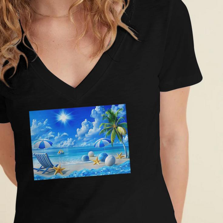 Frutiger Aero Beach Y2k Aesthetic Palm Tree Sand Ocean Women's Jersey Short Sleeve Deep V-Neck Tshirt