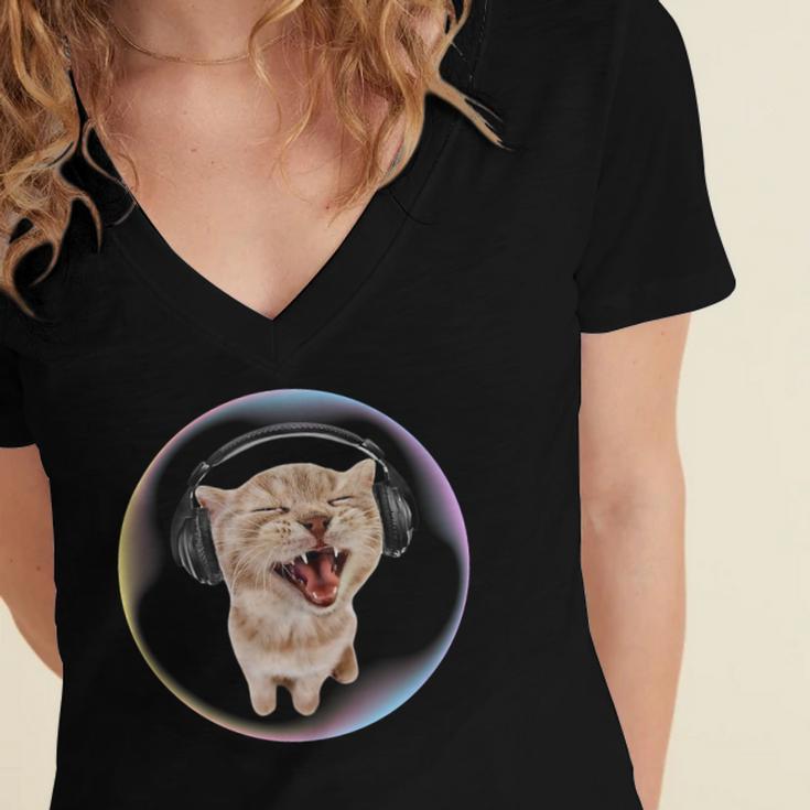 Frutiger Aero Cat Wearing Headphones Bubble 2000s Gen-Z Meme Women's Jersey Short Sleeve Deep V-Neck Tshirt