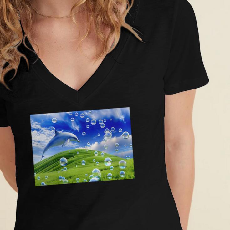 Frutiger Aero Dolphin Meadow Aesthetic Y2k 2000s Ironic Women's Jersey Short Sleeve Deep V-Neck Tshirt Frutiger Aero Dolphin Meadow Aesthetic Y2k 2000s Ironic Women's Jersey Short Sleeve Deep V-Neck Tshirt