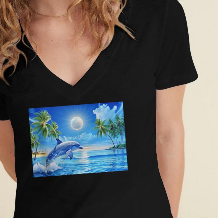 Frutiger Aero Dolphin Sunset Ocean With Palm Trees Y2k Women's Jersey Short Sleeve Deep V-Neck Tshirt Frutiger Aero Dolphin Sunset Ocean With Palm Trees Y2k Women's Jersey Short Sleeve Deep V-Neck Tshirt