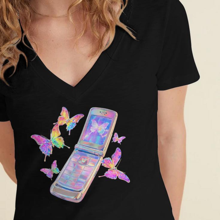 Frutiger Aero Y2K Chrome Phone Butterfly Women's Jersey Short Sleeve Deep V-Neck Tshirt