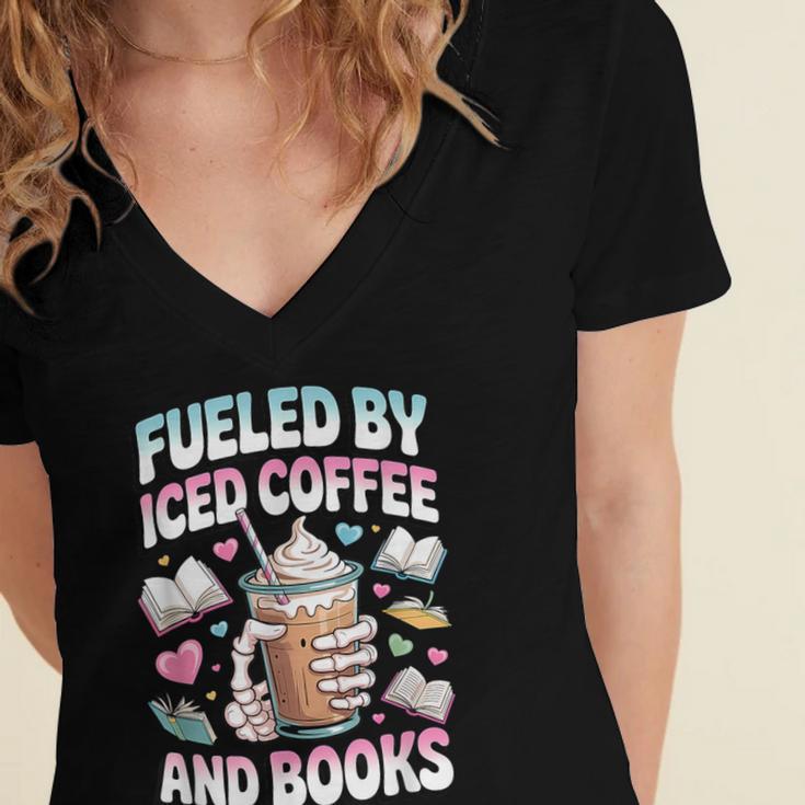 Fueled By Iced Coffee And Books Book Lover Retro Women's Jersey Short Sleeve Deep V-Neck Tshirt Fueled By Iced Coffee And Books Book Lover Retro Women's Jersey Short Sleeve Deep V-Neck Tshirt