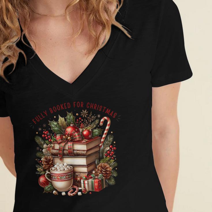 Fully Booked For Christmas Cozy Holiday Books Winter Reading Women's Jersey Short Sleeve Deep V-Neck Tshirt