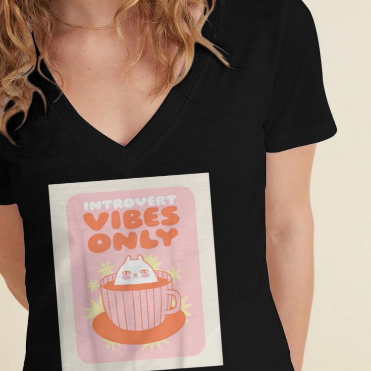 Fun Cool Cute Introvert Cat Character Quote Tea Cup For Men Women Women's Jersey Short Sleeve Deep V-Neck Tshirt Fun Cool Cute Introvert Cat Character Quote Tea Cup For Men Women Women's Jersey Short Sleeve Deep V-Neck Tshirt