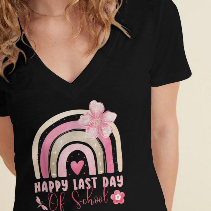 Fun Happy Last Day Of School Girl Student Graduation Rainbow Women's Jersey Short Sleeve Deep V-Neck Tshirt