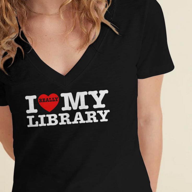 Fun I Love My Library Book Reader Bookworm Librarian Costume Women's Jersey Short Sleeve Deep V-Neck Tshirt