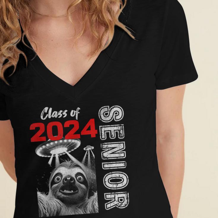 Fun Trendy UFO Sloth Graduation Class Of 2024 Senior Women's Jersey Short Sleeve Deep V-Neck Tshirt