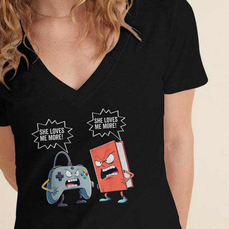 Gamer Book Lover Girl Women Bookworm Video Gaming Daughter Women's Jersey Short Sleeve Deep V-Neck Tshirt Gamer Book Lover Girl Women Bookworm Video Gaming Daughter Women's Jersey Short Sleeve Deep V-Neck Tshirt