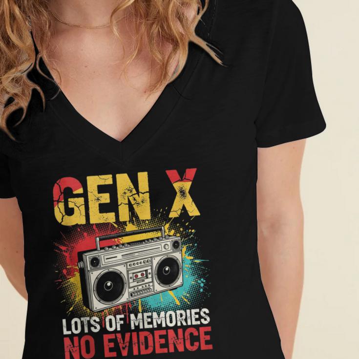 Gen X Lots Of Memories No Evidence Retro Nostalgia Humor Women's Jersey Short Sleeve Deep V-Neck Tshirt