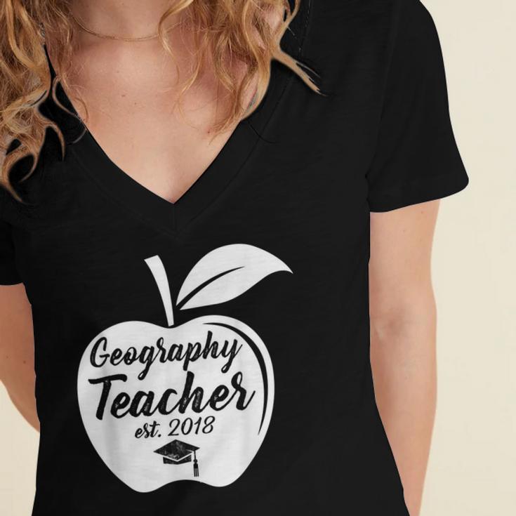 Geography Teacher Est 2018 School GraduationShirt Women's Jersey Short Sleeve Deep V-Neck Tshirt