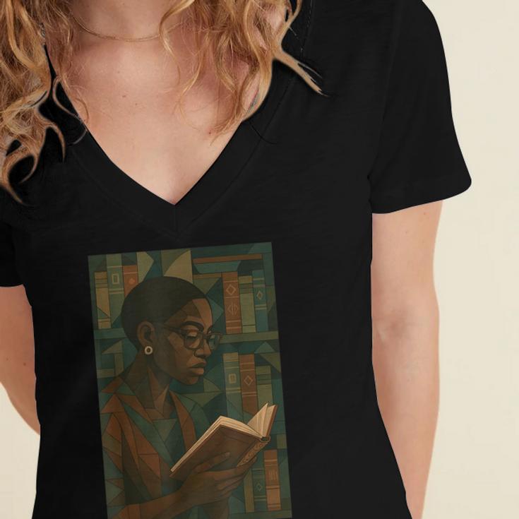 Geometric History Educated Women Teacher Book Melanin Women's Jersey Short Sleeve Deep V-Neck Tshirt