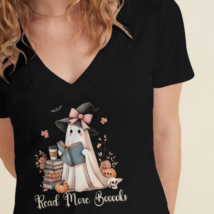 Ghost Reading Book Coquette Bow Halloween Girl Kid Teacher Women's Jersey Short Sleeve Deep V-Neck Tshirt