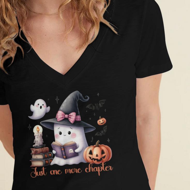 Ghost Reading Book Coquette Bow Halloween Girl Toddler Kid Women's Jersey Short Sleeve Deep V-Neck Tshirt