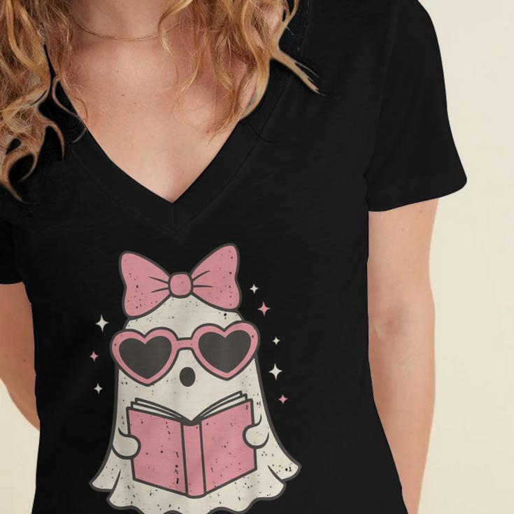 Ghost Reading Book Halloween Cat Lover Women's Jersey Short Sleeve Deep V-Neck Tshirt Ghost Reading Book Halloween Cat Lover Women's Jersey Short Sleeve Deep V-Neck Tshirt