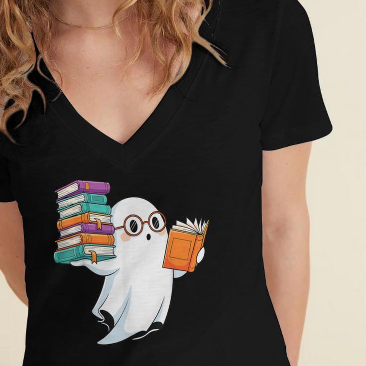 Ghost Reading Books Halloween Library Women's Jersey Short Sleeve Deep V-Neck Tshirt