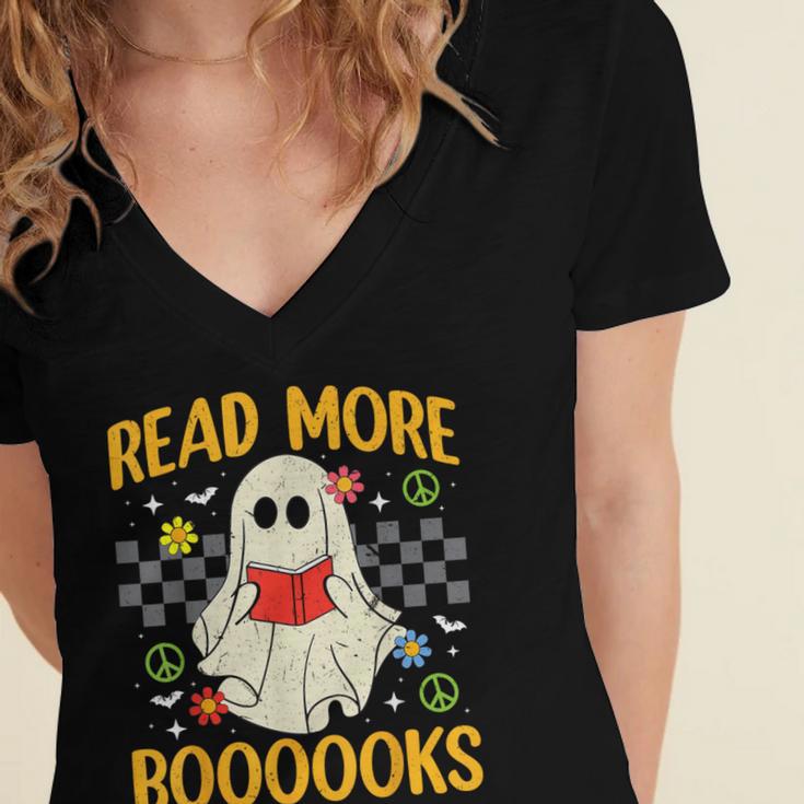Ghost Reading Books Teacher Student Halloween Read More Book Women's Jersey Short Sleeve Deep V-Neck Tshirt