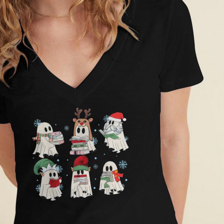 Ghost Santa Elf Squad Read Books Bookish Librarian Christmas Women's Jersey Short Sleeve Deep V-Neck Tshirt