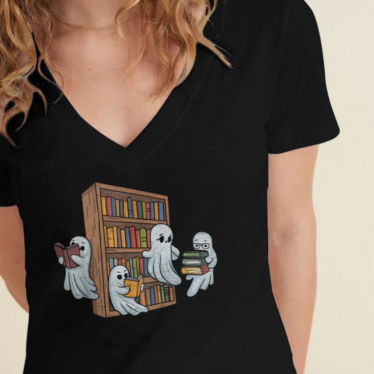 Ghosts Reading Books Teacher Halloween Librarian Book Lover Women's Jersey Short Sleeve Deep V-Neck Tshirt