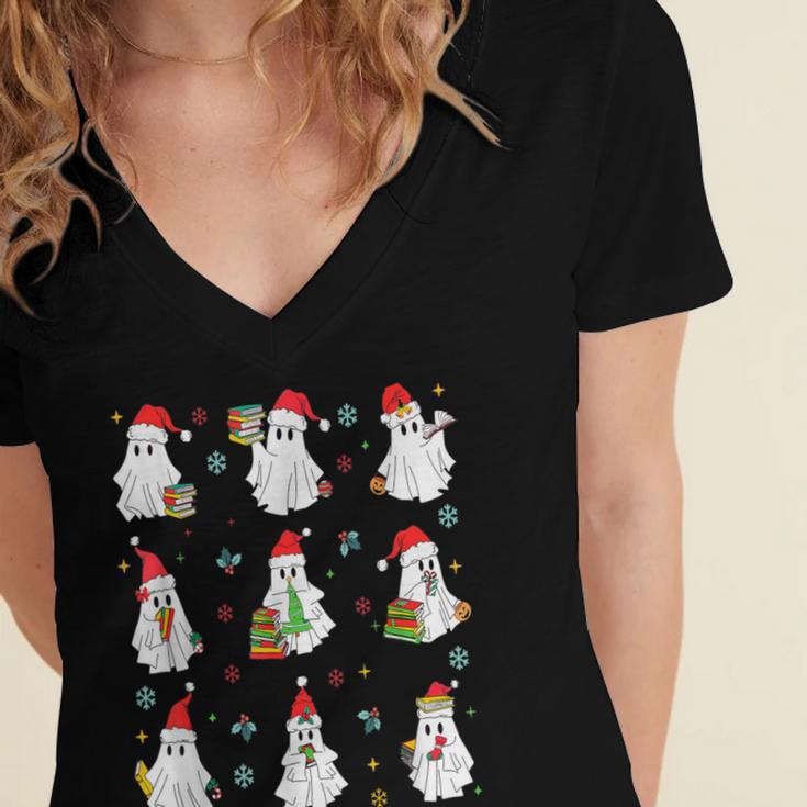 Ghosts Wearing Santa Hats Reading Books Christmas Book Lover Women's Jersey Short Sleeve Deep V-Neck Tshirt