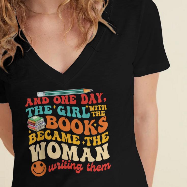 The Girl With The Books Became The Woman Writing Them Women's Jersey Short Sleeve Deep V-Neck Tshirt