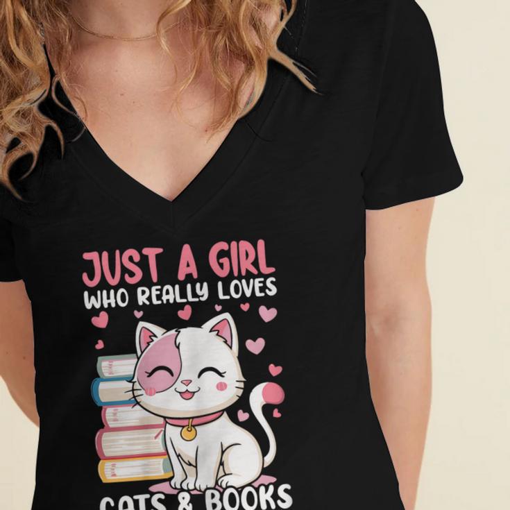 Girl Who Loves Cats And Books Cute Women's Jersey Short Sleeve Deep V-Neck Tshirt Girl Who Loves Cats And Books Cute Women's Jersey Short Sleeve Deep V-Neck Tshirt