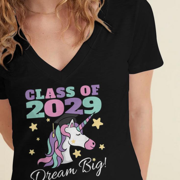 Girls Class Of 2029 Magical Unicorn Graduation Cap Women's Jersey Short Sleeve Deep V-Neck Tshirt