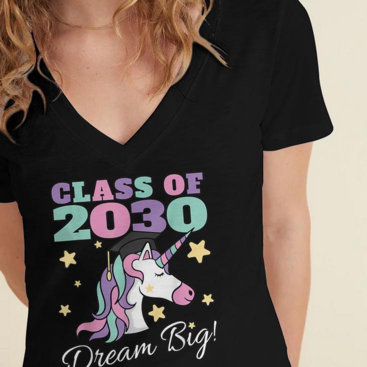 Girls Class Of 2030 Magical Unicorn Graduation Cap Women's Jersey Short Sleeve Deep V-Neck Tshirt