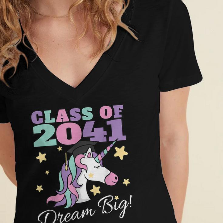 Girls Class Of 2041 Magical Unicorn Graduation Cap Women's Jersey Short Sleeve Deep V-Neck Tshirt
