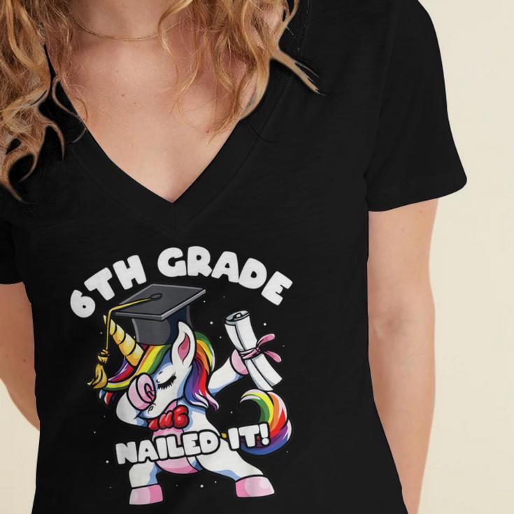 Girls Dabbing Unicorn 6th Sixth Grade Nailed It Graduation Women's Jersey Short Sleeve Deep V-Neck Tshirt