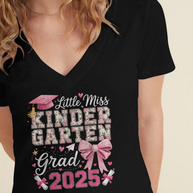 Girls Little Miss Kindergarten Grad 2025 Coquette Graduation Women's Jersey Short Sleeve Deep V-Neck Tshirt