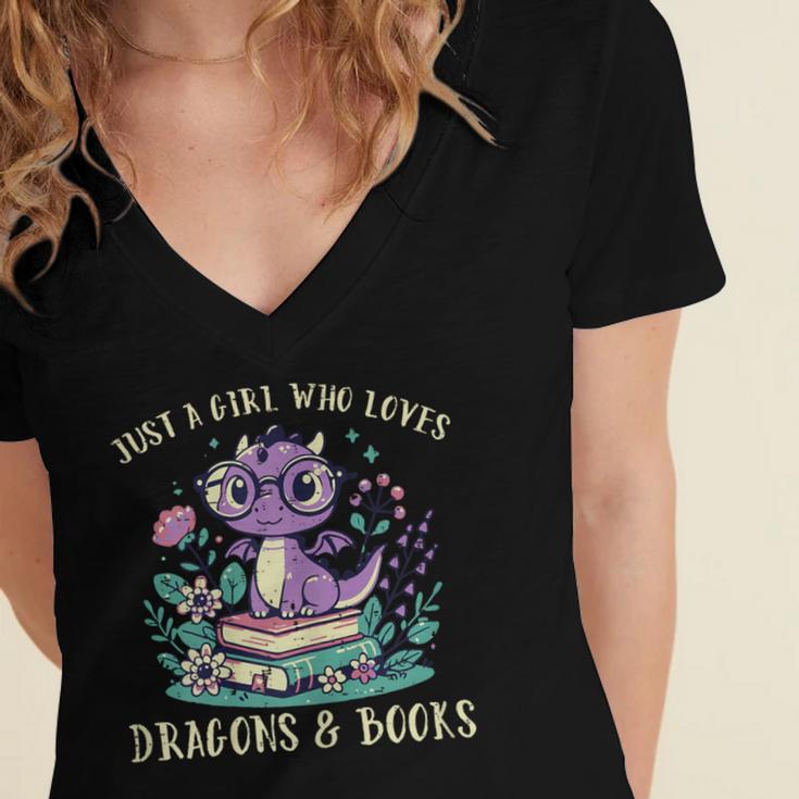 Girls Loves Dragon Books Fantasy Girls Kids Toddler Women Women's Jersey Short Sleeve Deep V-Neck Tshirt